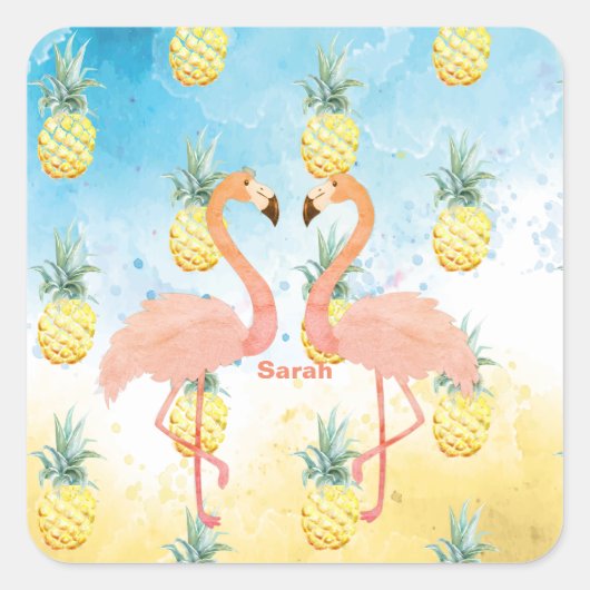 Sweet Girly Flamingo en Pineapple Vierkante Sticker (Voorkant)