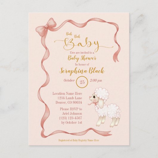 Sweet Girly Pink Bow Lamb Baby shower Uitnodiging Briefkaart (Voorkant)