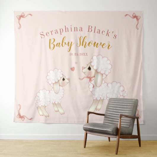 Sweet Girly Pink Lamb Baby shower Achtergrond Wandkleed (In Situ (horizontaal))