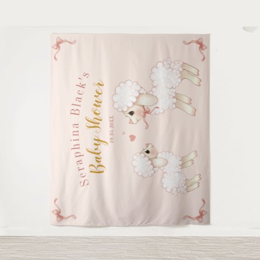 Sweet Girly Pink Lamb Baby shower Achtergrond Wandkleed (Voorkant)