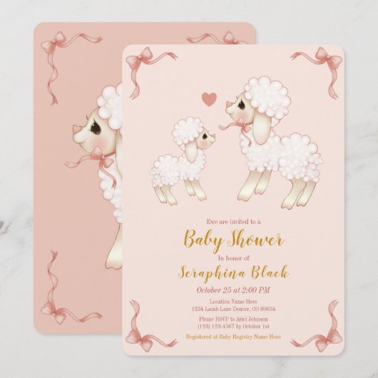 Sweet Girly Pink Lamb Baby shower Uitnodiging (Voorkant / Achterkant)