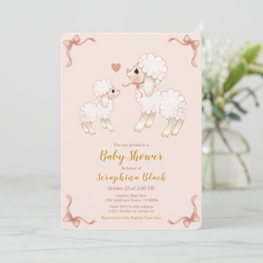 Sweet Girly Pink Lamb Baby shower Uitnodiging (Staand voorkant)