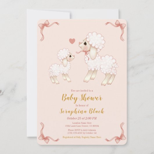 Sweet Girly Pink Lamb Baby shower Uitnodiging (Voorkant)
