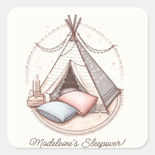Sweet Girly Teepee Sleepover Party Verjaardag Vierkante Sticker (Voorkant)