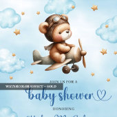 Sweet gold airplane bear theme boy baby shower  kaart