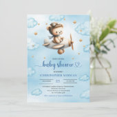 Sweet gold airplane bear theme boy baby shower  kaart (Staand voorkant)