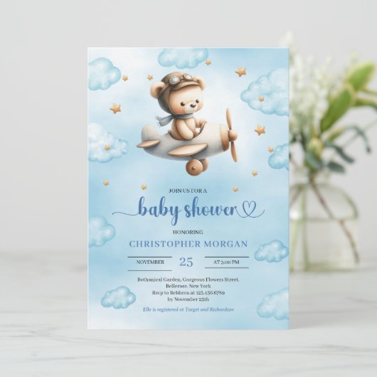 Sweet gold airplane bear theme boy baby shower kaart (Staand voorkant)