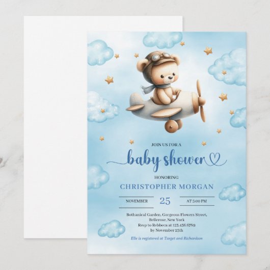 Sweet gold airplane bear theme boy baby shower kaart (Voorkant / Achterkant)
