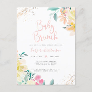 Sweet Gold Blush Pink Floral Baby shower Brunch Uitnodiging Briefkaart