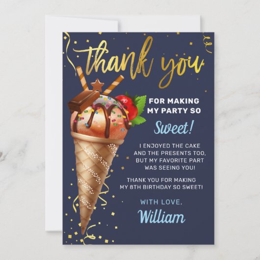 Sweet Gold Chocolate Ice Cream Birthday Navy Blue Bedankkaart (Voorkant)