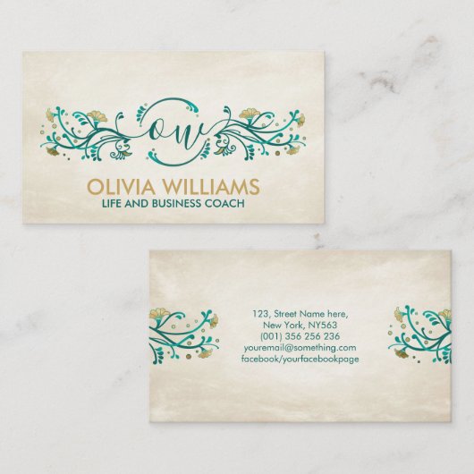 Sweet Gold en Blauwgroen Floral Swirl Monogram Visitekaartje (Voorkant / Achterkant)