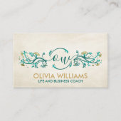 Sweet Gold en Blauwgroen Floral Swirl Monogram Visitekaartje (Voorkant)