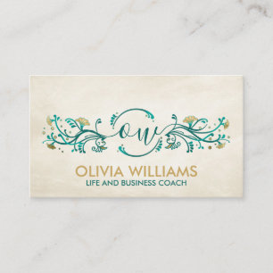 Sweet Gold en Blauwgroen Floral Swirl Monogram Visitekaartje