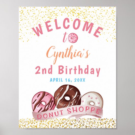 Sweet Gold Glitter Donut Birthday Party Welkom Poster (Voorkant)