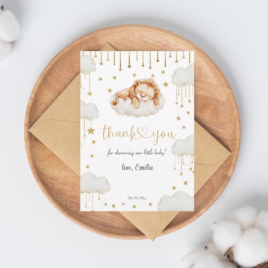 Sweet Gold Starry Sleeping Lion Baby shower Bedankkaart