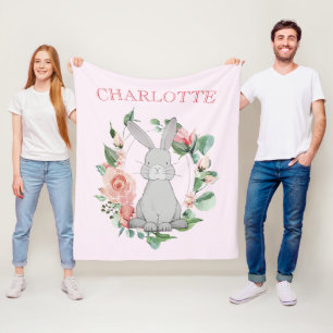 Sweet Gray Bunny Pink Floral Girl's Fleece Deken