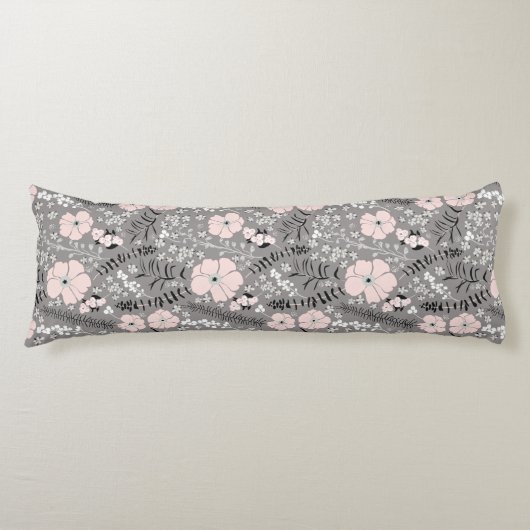 Sweet Gray Pink White Whimsical Floral Pattern Lichaamskussen (Voorkant)