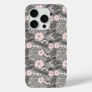 Sweet Gray Pink White Whimsical Pattern Flowers iPhone 15 Pro Case