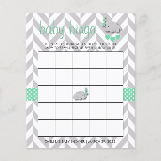 Sweet Green en Grey Elephant 🐘 Baby shower Bingo Flyer (Voorkant)