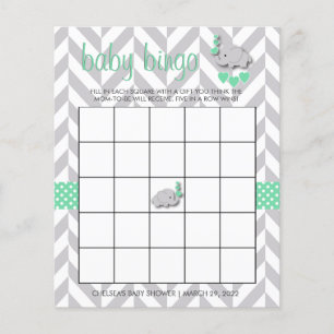 Sweet Green en Grey Elephant 🐘 Baby shower Bingo Flyer