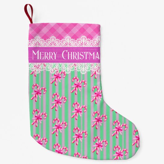 Sweet Green Paarse Pink Candy Canes Gepersonalisee Kleine Kerstsok (Voorkant)