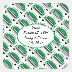 Sweet Green Retro Auto Baby shower Aankondiging Vierkante Sticker