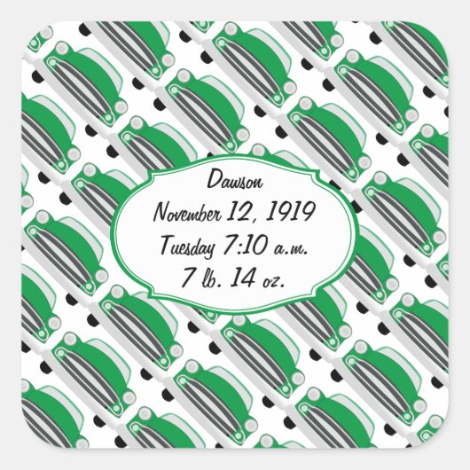 Sweet Green Retro Auto Baby shower Aankondiging Vierkante Sticker (Voorkant)
