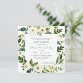 Sweet Greenery Floral Baptism Uitnodiging (Staand voorkant)