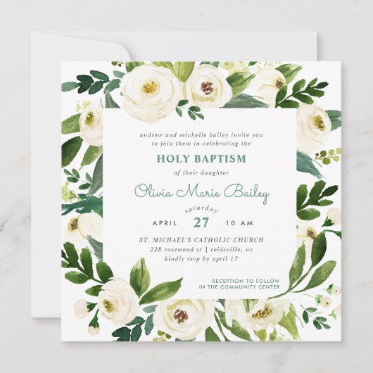 Sweet Greenery Floral Baptism Uitnodiging (Voorkant)