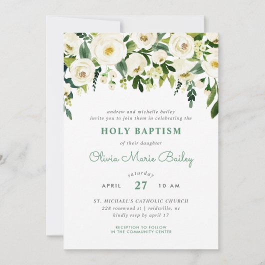 Sweet Greenery Floral Baptism Uitnodiging (Voorkant)
