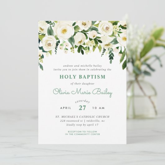 Sweet Greenery Floral Baptism Uitnodiging (Staand voorkant)