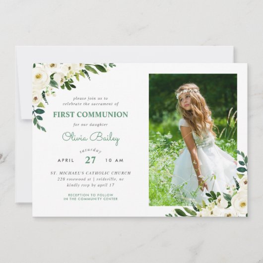 Sweet Greenery Floral Foto eerste communie Kaart (Voorkant)