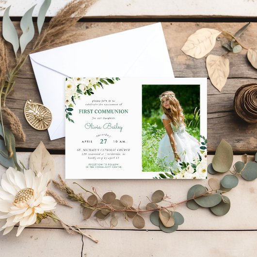 Sweet Greenery Floral Foto eerste communie Kaart