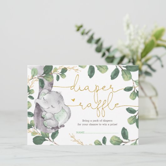 Sweet Greenery Gold Elephant Baby Diaper Raffle Informatiekaartje (Staand voorkant)