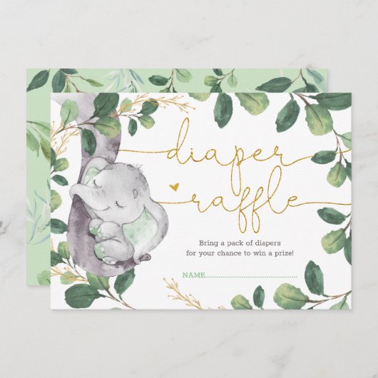 Sweet Greenery Gold Elephant Baby Diaper Raffle Informatiekaartje (Voorkant / Achterkant)