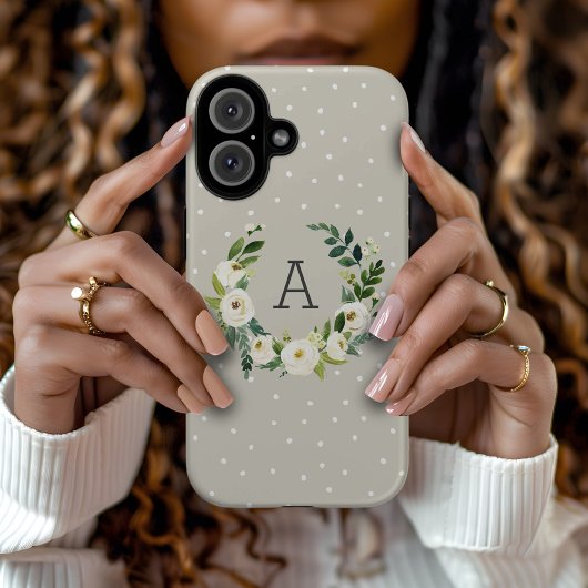Sweet Greenery Wreath en Greige Stippen Monogram Case-Mate iPhone Case