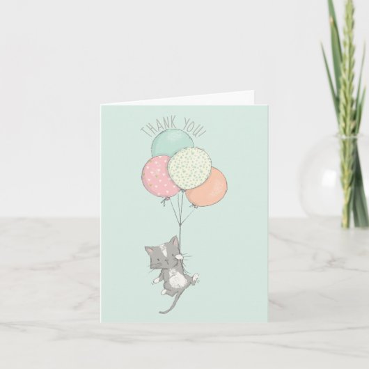 Sweet Grey Cat met Ballonnen Bedankt Card (Voorkant)