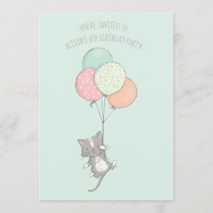 Sweet Grey Cat met Balloons Birthday Party Kaart