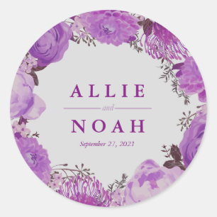 Sweet Grey en Paarse bloemenbruiloft Ronde Sticker