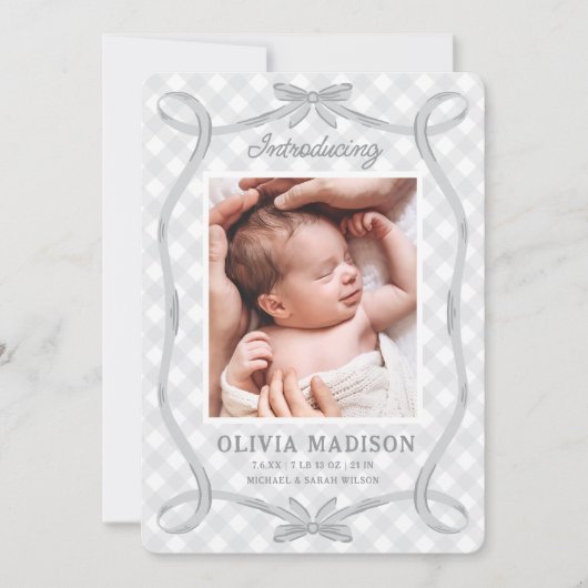 Sweet Grey Gingham Ribbon Bow Geboorteaankondiging Kaart (Voorkant)