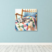 Sweet Grey Kat Slapen op een Quilt Canvas Afdruk (Insitu (Houten vloer))