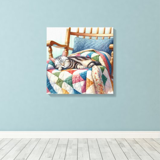 Sweet Grey Kat Slapen op een Quilt Canvas Afdruk (Insitu (Houten vloer))