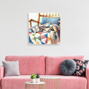 Sweet Grey Kat Slapen op een Quilt Canvas Afdruk