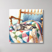 Sweet Grey Kat Slapen op een Quilt Canvas Afdruk (Voorkant)