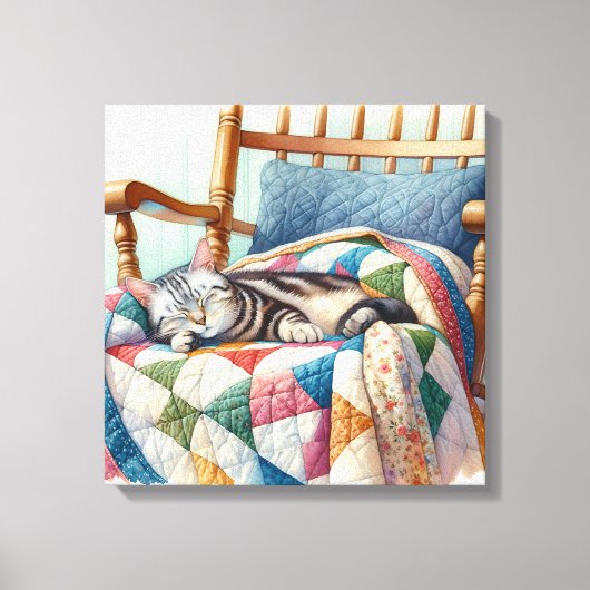 Sweet Grey Kat Slapen op een Quilt Canvas Afdruk (Voorkant)