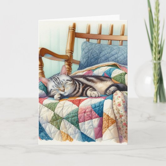 Sweet Grey Kat Slapen op een Quilt Kaart (Voorkant)