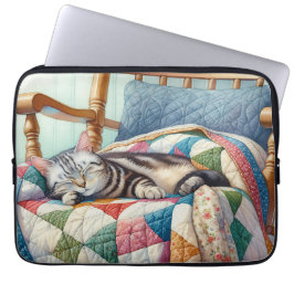 Sweet Grey Kat Slapen op een Quilt Laptop Sleeve