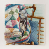 Sweet Grey Kat Slapen op een Quilt Legpuzzel (Horizontaal)