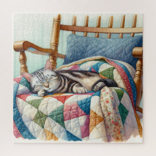 Sweet Grey Kat Slapen op een Quilt Legpuzzel