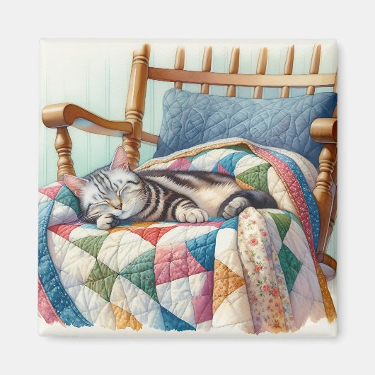 Sweet Grey Kat Slapen op een Quilt Magneet (Voorkant)